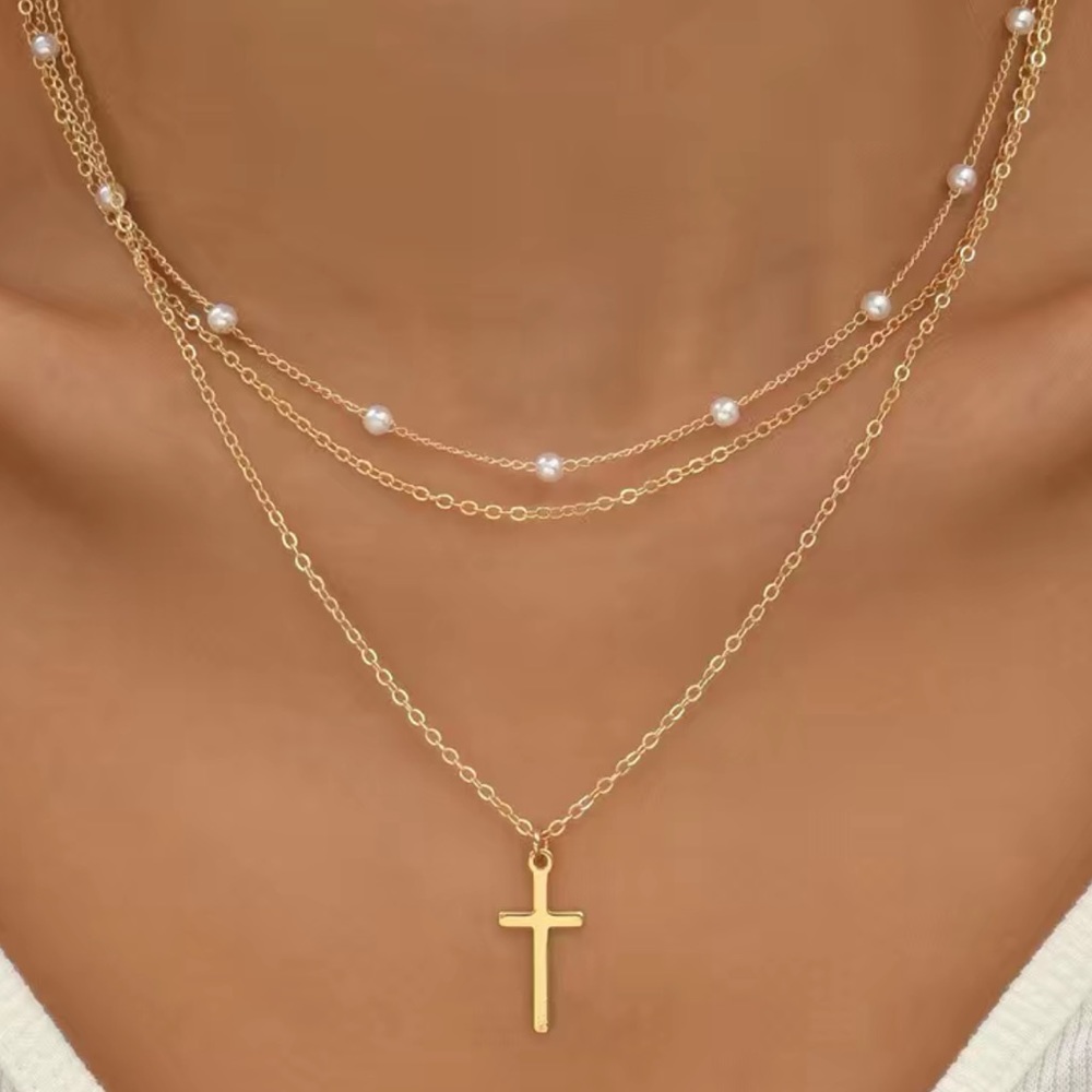New Multilayer Gold 14k plated Cross pendant Pearl chain Necklace